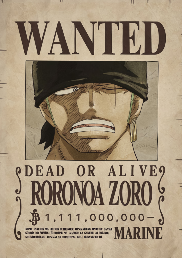 ������ �������� One Piece - Roronoa Zoro Wanted Poster